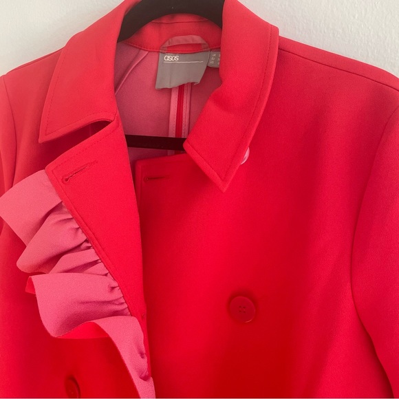 ASOS DESIGN Petite Frill Bonded Red Pink Ruffle Double Breasted Trench Coat 6 - Picture 4 of 14
